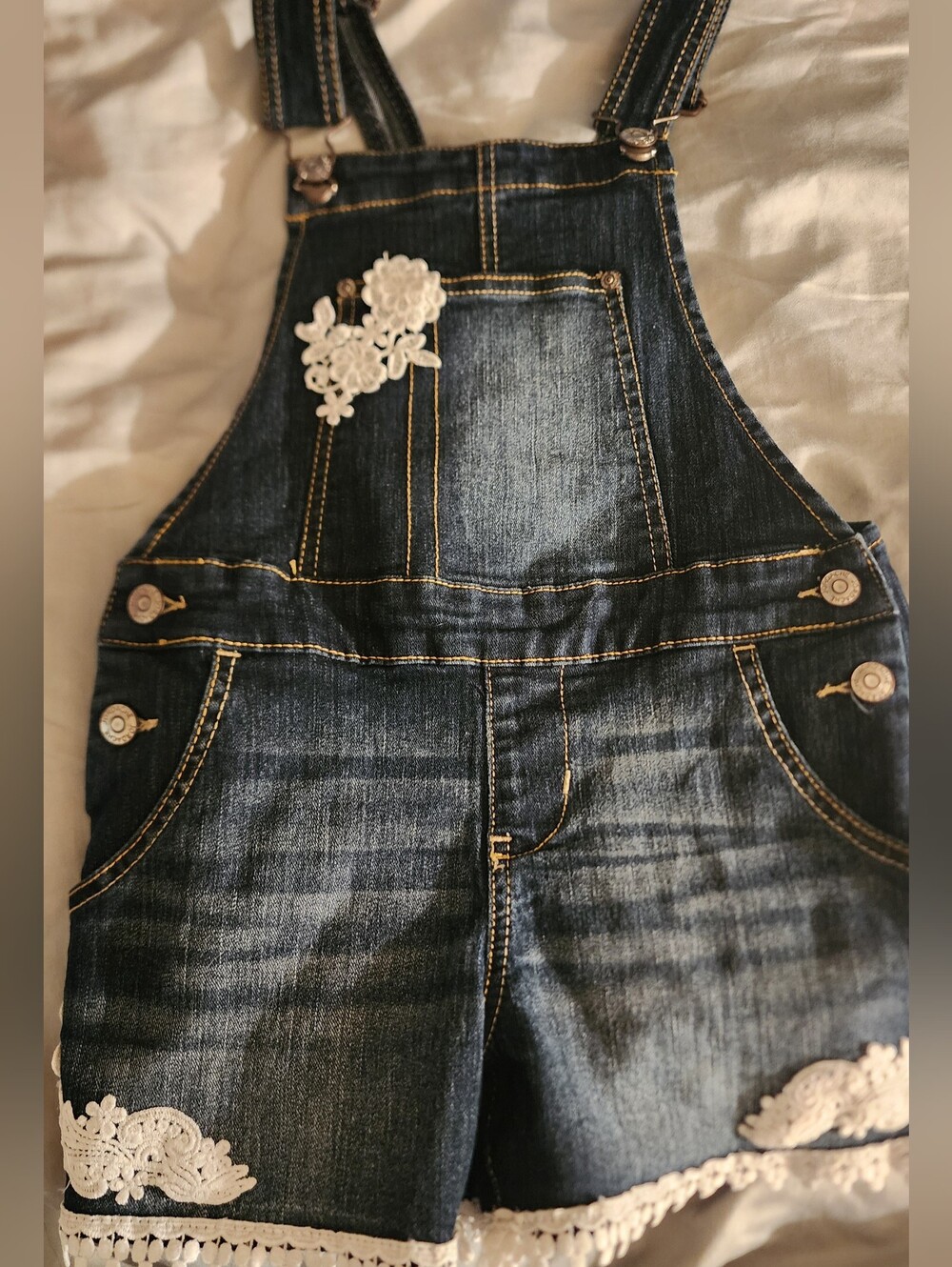 Jordache Kids Indigo Denim Short Overalls with White Lace Trim